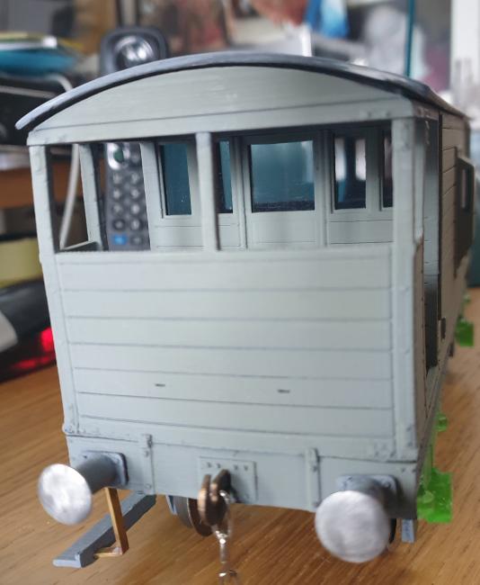 End view. Buffers are turned in steel as the buffer shanks are much wider than the usual wagon buffers. Glazing slots for cabin windows/door and duckets.